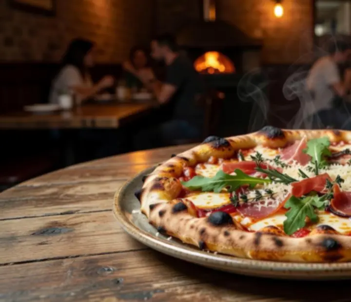 Falatüzelésű pizza egy rusztikus bisztróasztalon
